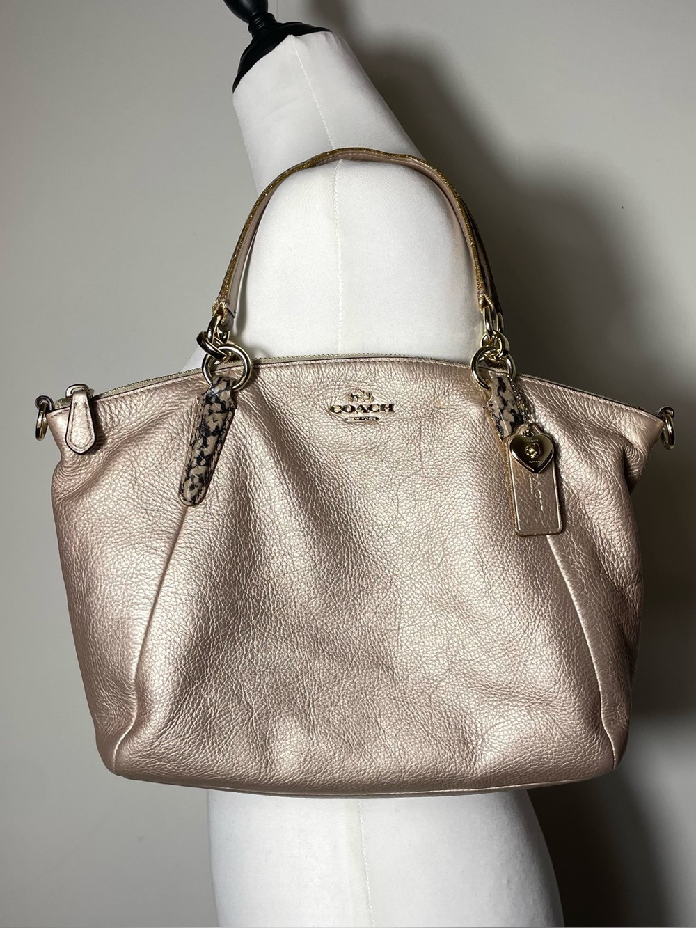 COACH Madison Small Kelsey Satchel Beige Metallic Snake Print Trim Leather Bag